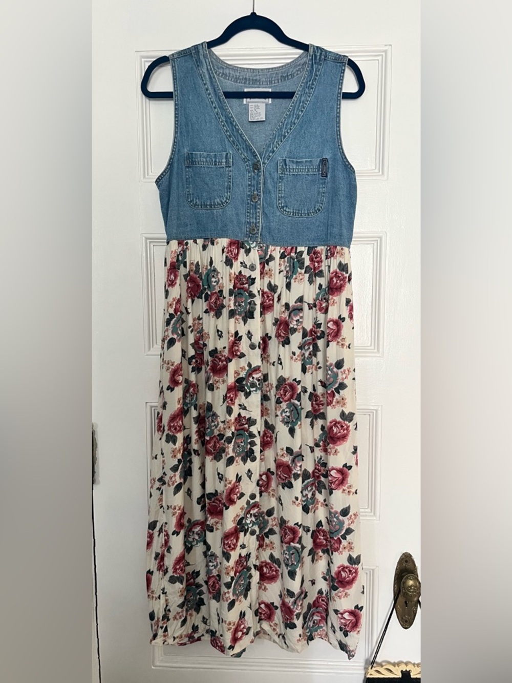 Vintage True Blue Denim Floral Midi Dress M | Chambray Boho Cottagecore